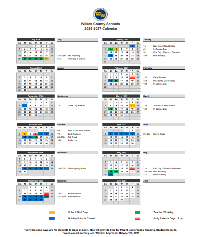 2026-2027 School Calendar