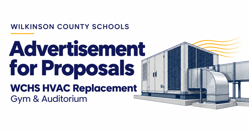Blue-and-gold Wilkinson County Schools header reading “Advertisement for Proposals: WCHS HVAC Replacement, Gym & Auditorium,” with an illustration of commercial HVAC equipment.