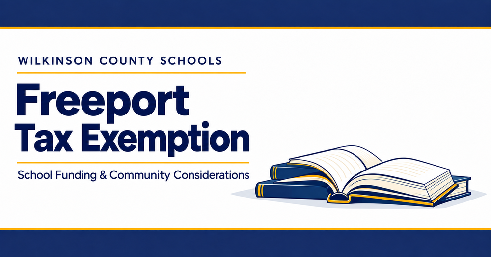 Blue-and-gold Wilkinson County Schools header reading βFreeport Tax Exemption: School Funding & Community Considerations,β with illustrations of books, a school building, and a business storefront.