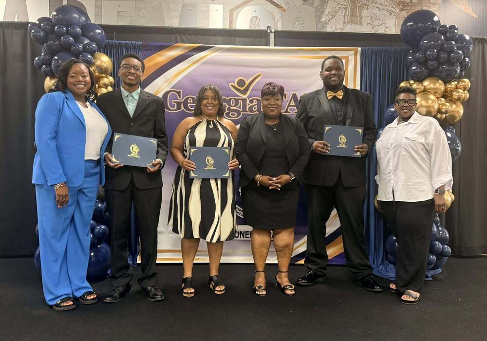 GaTAPP graduates Christopher Whipple, Sharon Little, and Cameron Nicely are joined by Wilkinson County Schools Superintendent Dr. Angela James, Wilkinson County Middle School Principal Dr. Ashley Choice, and Assistant Principal Krystalyn May at the Oconee RESA GaTAPP Completion Ceremony.