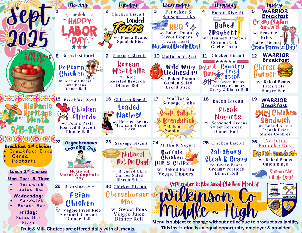 WCMHS Menu September 2025