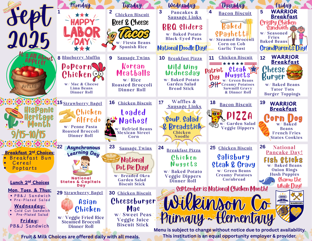 WCPES Menu September 2025