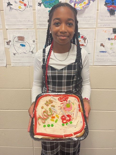 Fifth grade students display plant and animal cell science projects created in Ms. Burke’s class.