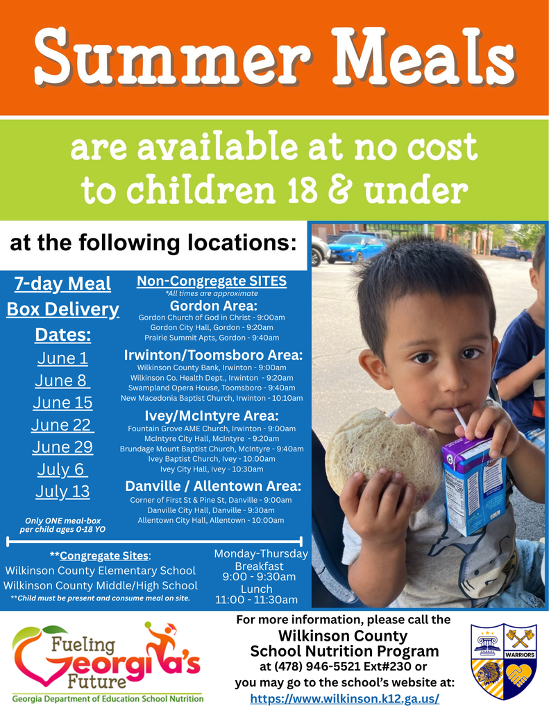 WCSD June and July Summer Meals Delivery Locations