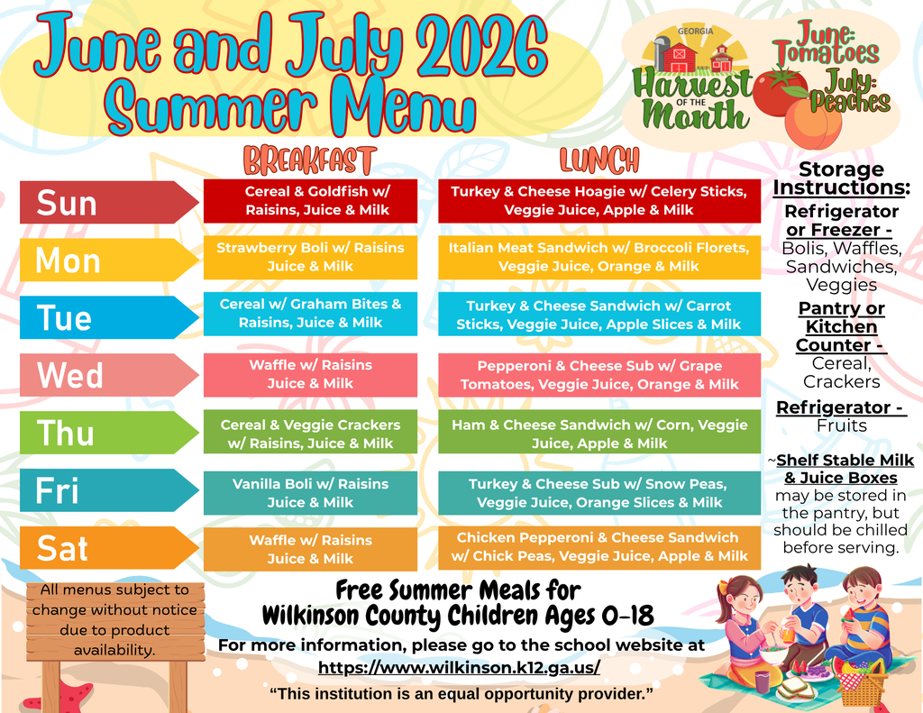 WCSD June and July Summer Meals Menu