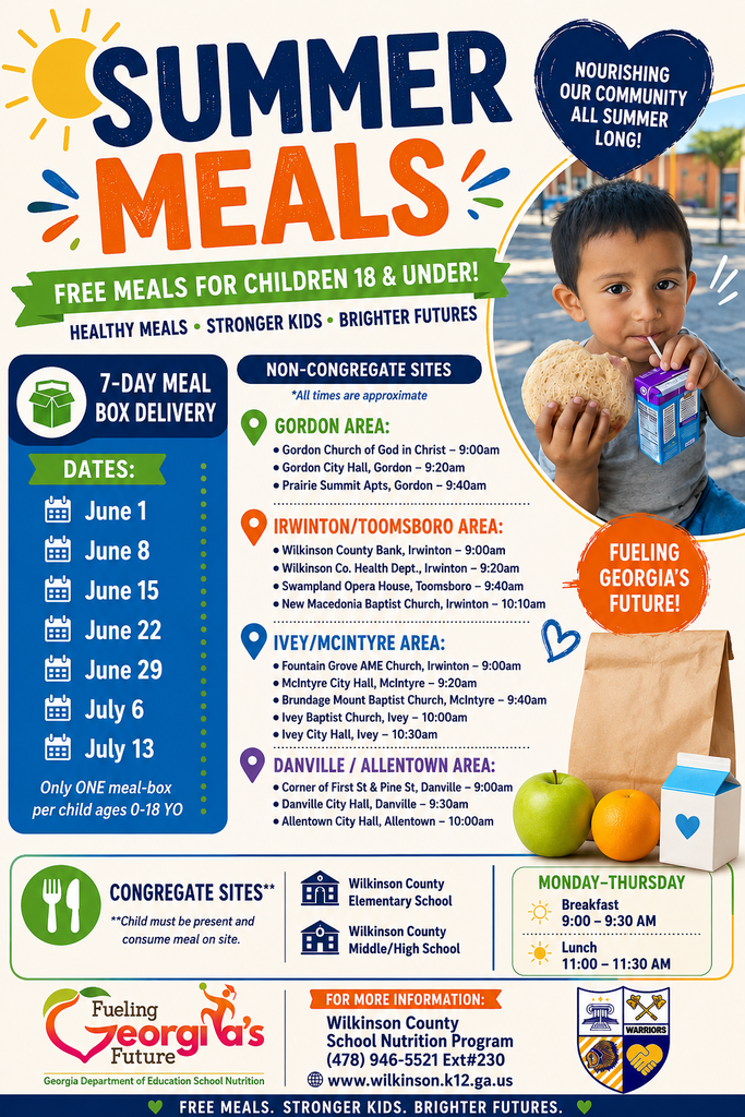 Colorful Wilkinson County Schools Summer Meals flyer promoting free meals for children ages 18 and under. The flyer features a photo of a young child holding a sandwich and milk carton, along with information about weekly 7-day meal box delivery dates from June 1 through July 13 and non-congregate pickup locations in Gordon, Irwinton, Toomsboro, Ivey, McIntyre, Danville, and Allentown. Additional information highlights congregate meal sites at Wilkinson County Elementary School and Wilkinson County Middle/High School, where breakfast is served Monday through Thursday from 9:00–9:30 a.m. and lunch from 11:00–11:30 a.m. The flyer includes the Fueling Georgia's Future logo, Wilkinson County Schools crest, and contact information for the Wilkinson County School Nutrition Program. The design uses bright blue, orange, green, and gold colors with food and nutrition-themed graphics.