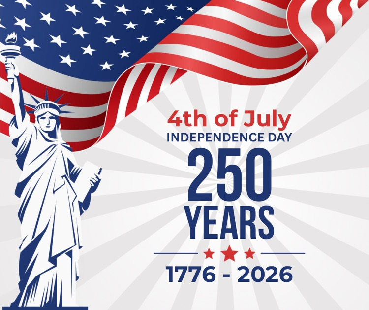 graphic celebrating the 250th birthday of America and the Fourth of July