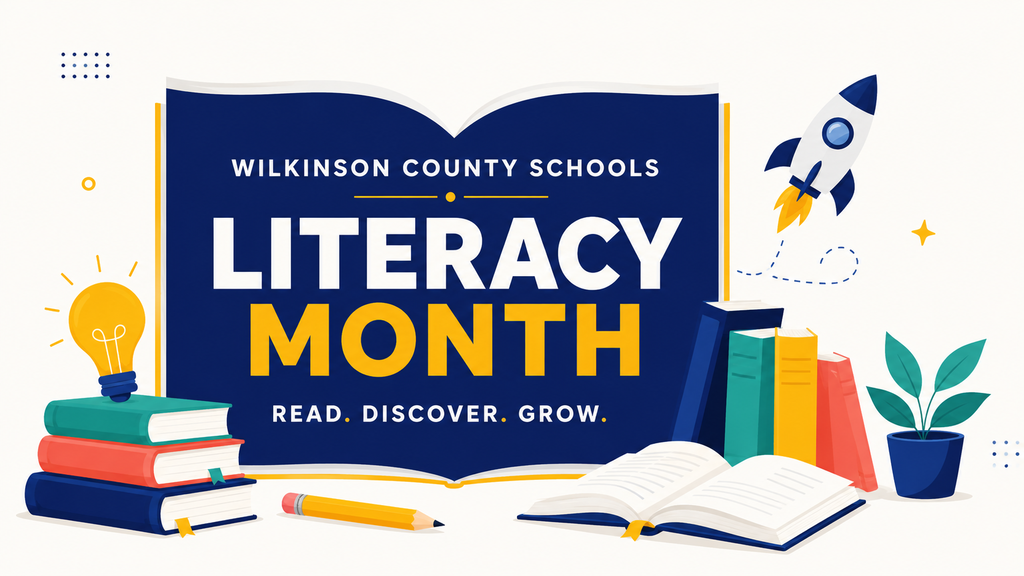 Blue and gold Wilkinson County Schools Literacy Month graphic featuring an open book surrounded by stacks of books, a pencil, light bulb, rocket, and plant. Text reads, “Wilkinson County Schools Literacy Month. Read. Discover. Grow.”