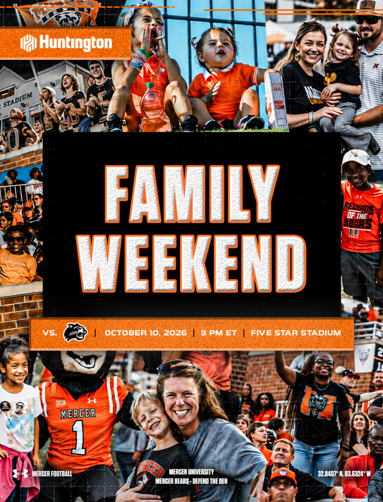 Mercer Football Family Weekend graphic featuring photos of families and fans in orange and black. Text reads: “Family Weekend. October 10, 2026 | 3 PM ET | Five Star Stadium.” A Western Carolina logo appears beside “vs.”