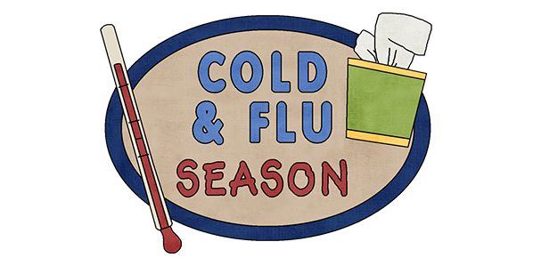 oval with cold & flu season writing, thermometer on the left, box of tissues on the right
