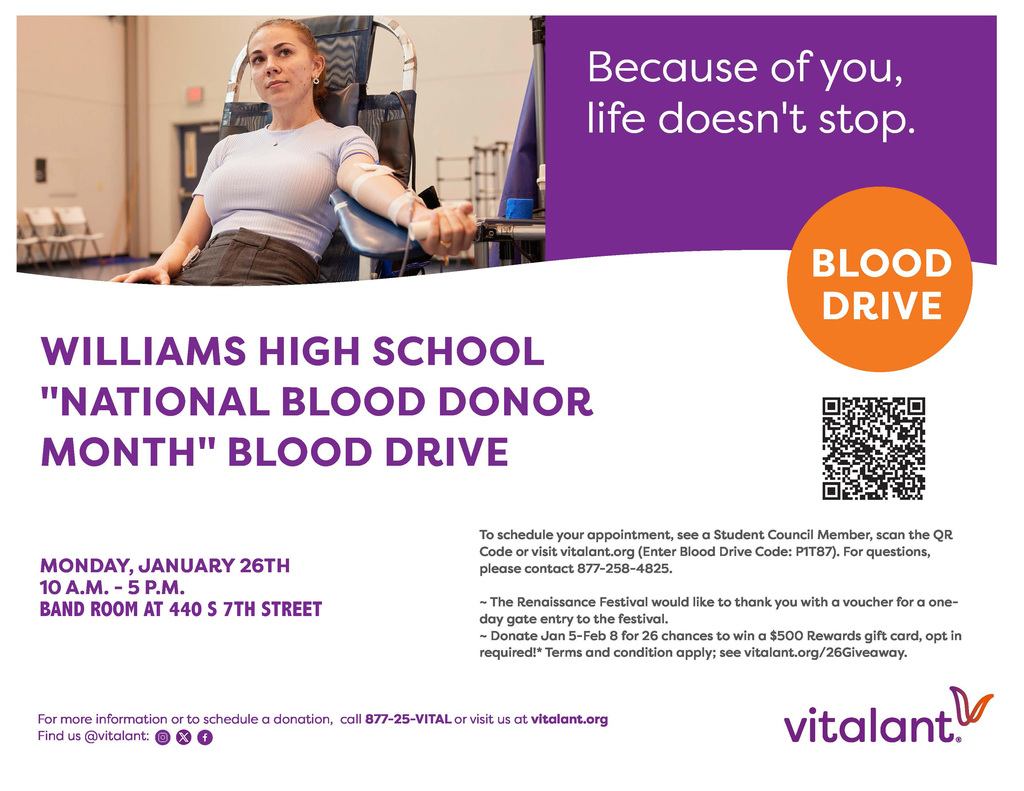 Williams High School "National Blood Donor Month" Blood Drive