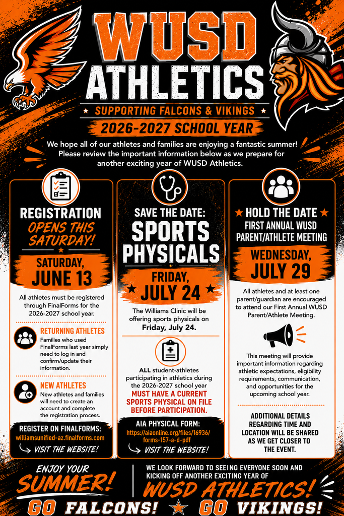 WUSD Athletics promotional flyer. Includes Registration information, requirement for sports physicals and save the date information for our first annual Parent/Athlete meeting on July 29th 