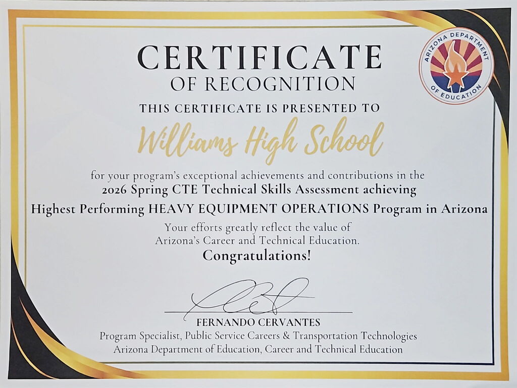 Certificate of Recognition for Joe Howe. 2026 Spring CTE Technical Skills Assessment - Highest Performing Heavy Equipment Operations Program in Arizona