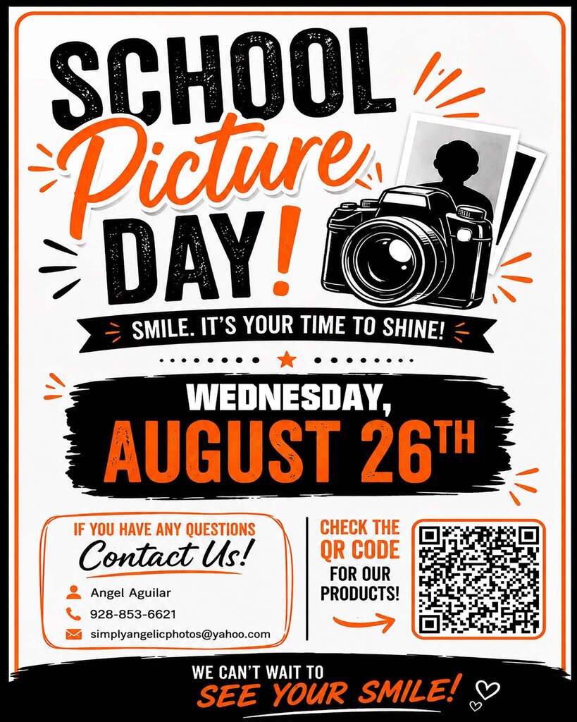 Poster graphic for school picture day on August 26, 2026