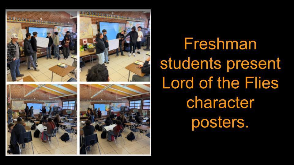 Freshman students present Lord of the Flies character posters.