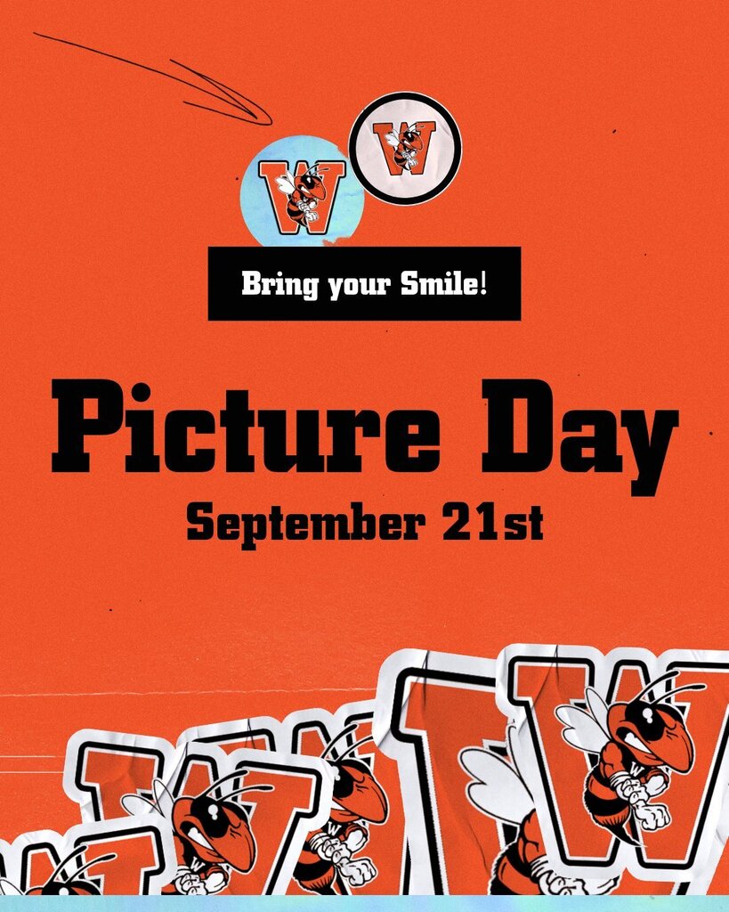 An orange background with the text "Picture Day September 21st" and an image of three bees.