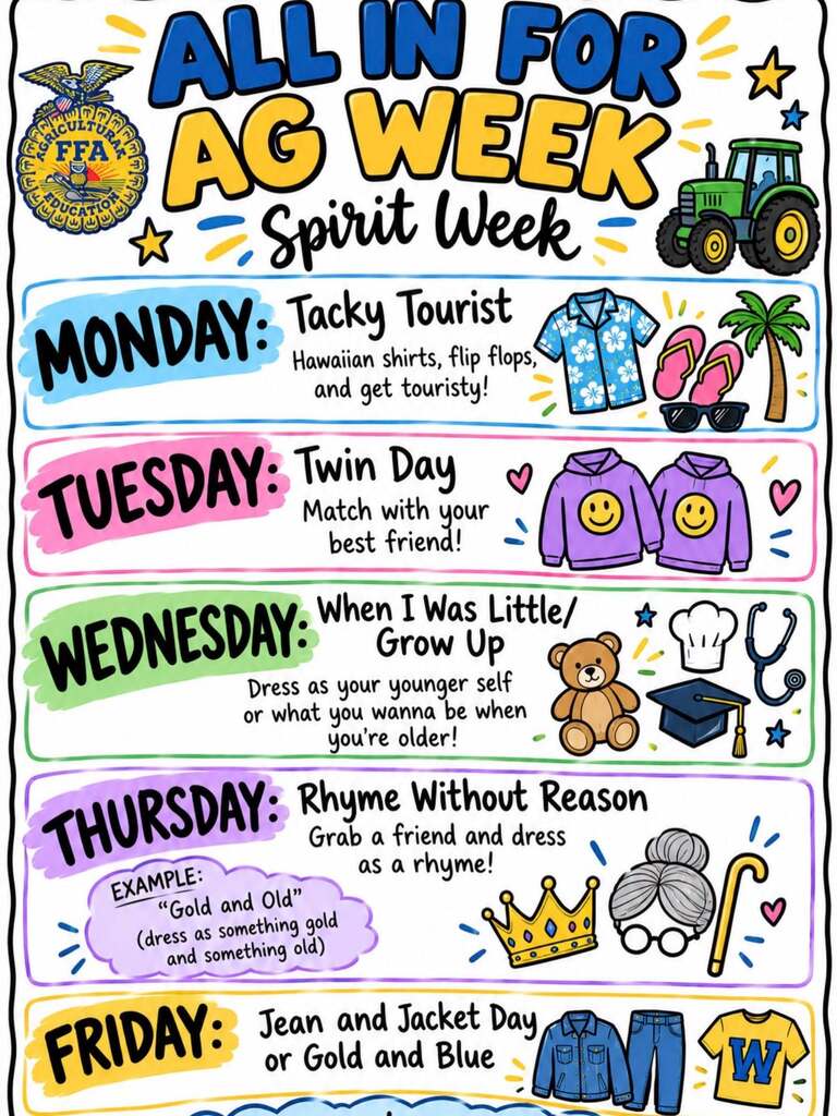 A poster for Ag Week Spirit Week displays days and themes with illustrations. Monday: Tacky Tourist. Tuesday: Twin Day. Wednesday: When I Was Little/Grow Up. Thursday: Rhyme Without Reason. Friday: Jean and Jacket Day.