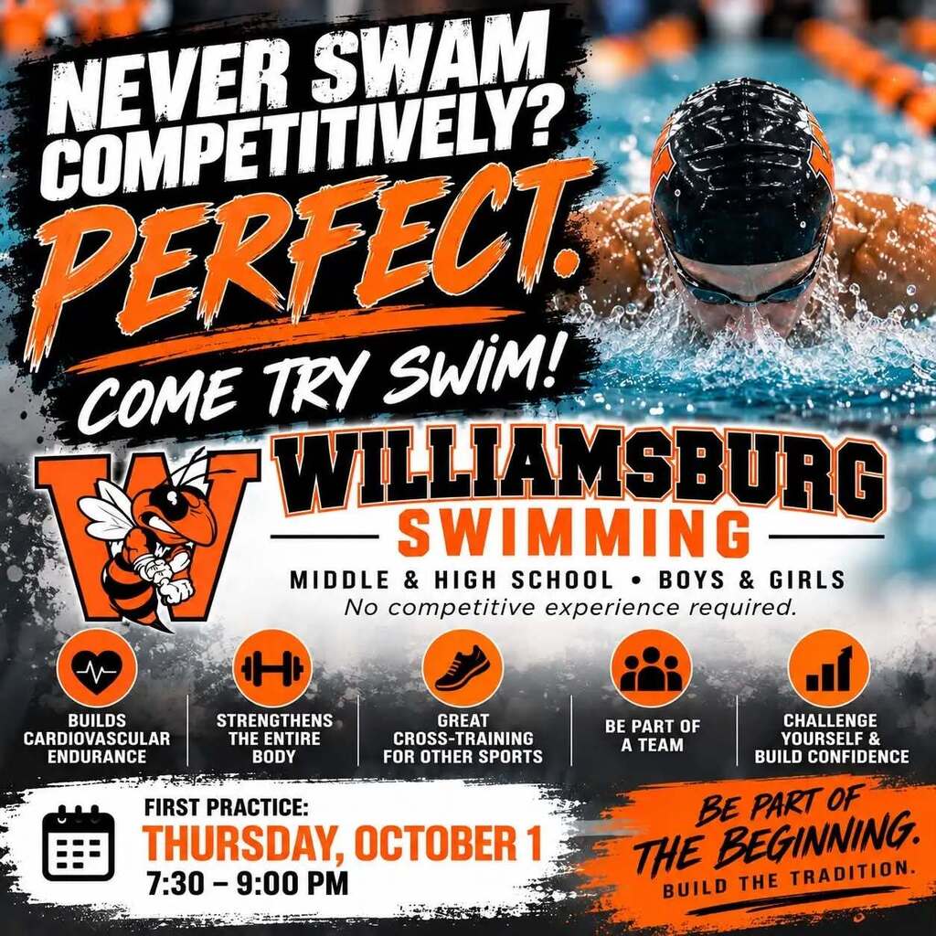 Flyer for a swim tryout event. Swimmer in pool. Header reads "Never Swam Competitively? Perfect: Come Try Swim!"
