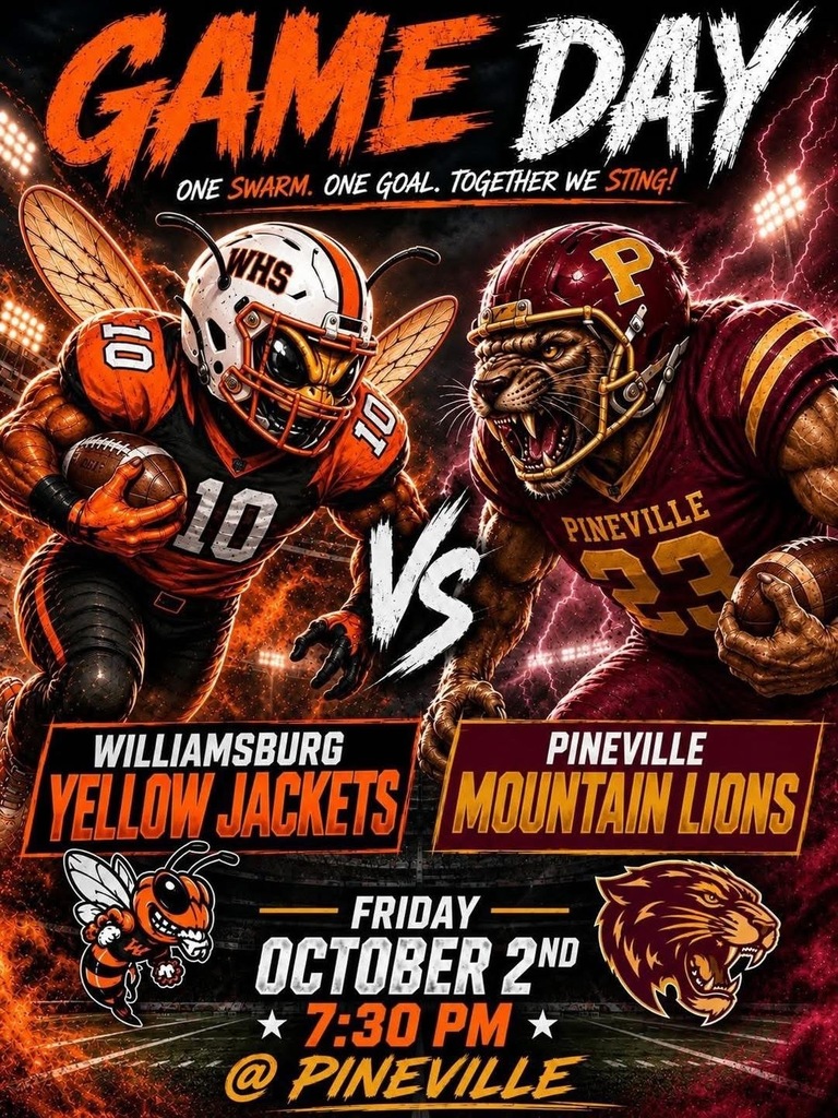 An advertisement for a football game featuring two players in jerseys. One player is from Williamsburg, the Yellow Jackets, and the other is from Pineville, the Mountain Lions.