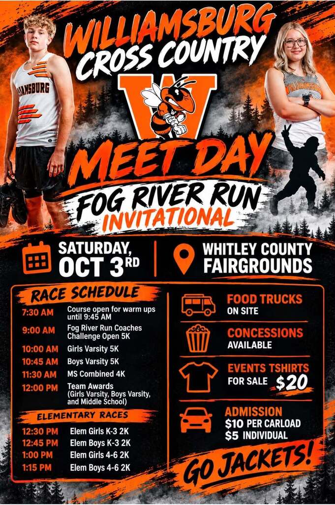 Flyer for Williamsburg Cross Country Meet Day. Two athletes, one male and one female, in athletic wear. Orange background.