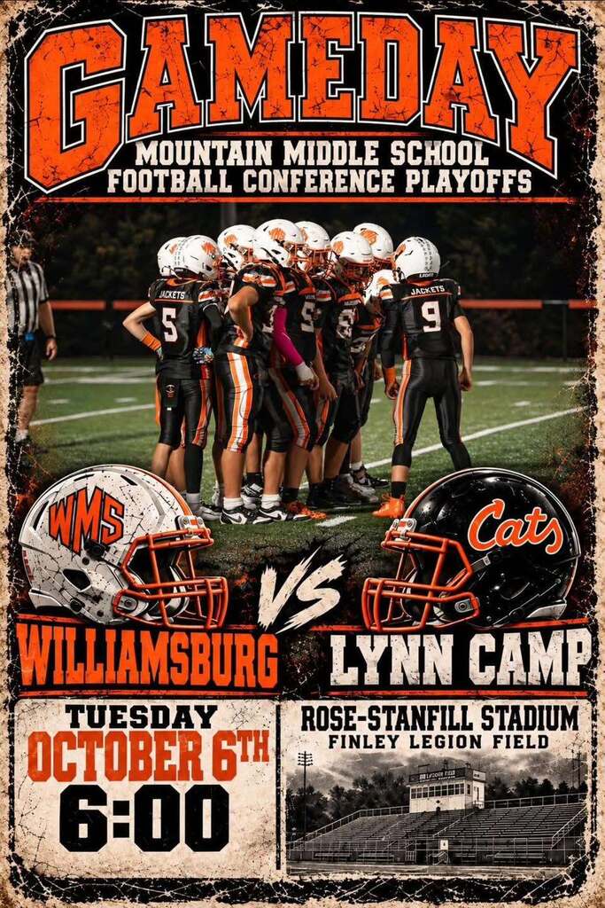 Poster for Mountain Middle School football conference playoffs between Williamsburg and Lynn Camp. Teams stand on a field with helmets, date and time noted.