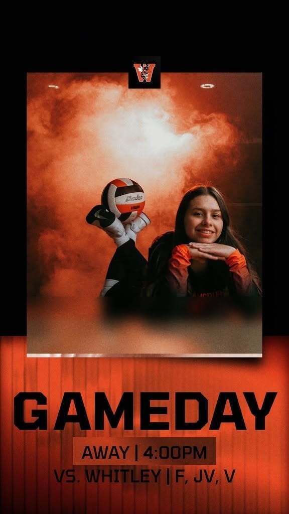 A promotional poster featuring a volleyball player holding a ball. The background is fiery red. Text reads: "GAMEDAY AWAY 4:00PM VS. WHITLEY (F, JV, V)."