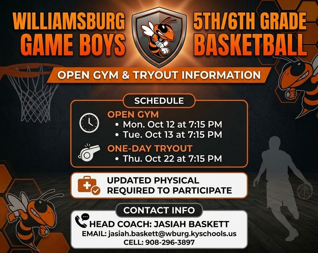 A poster for Williamsburg Game Boys 5th/6th Grade Basketball. It has a bee and a basketball player. The schedule includes open gym and tryouts.
