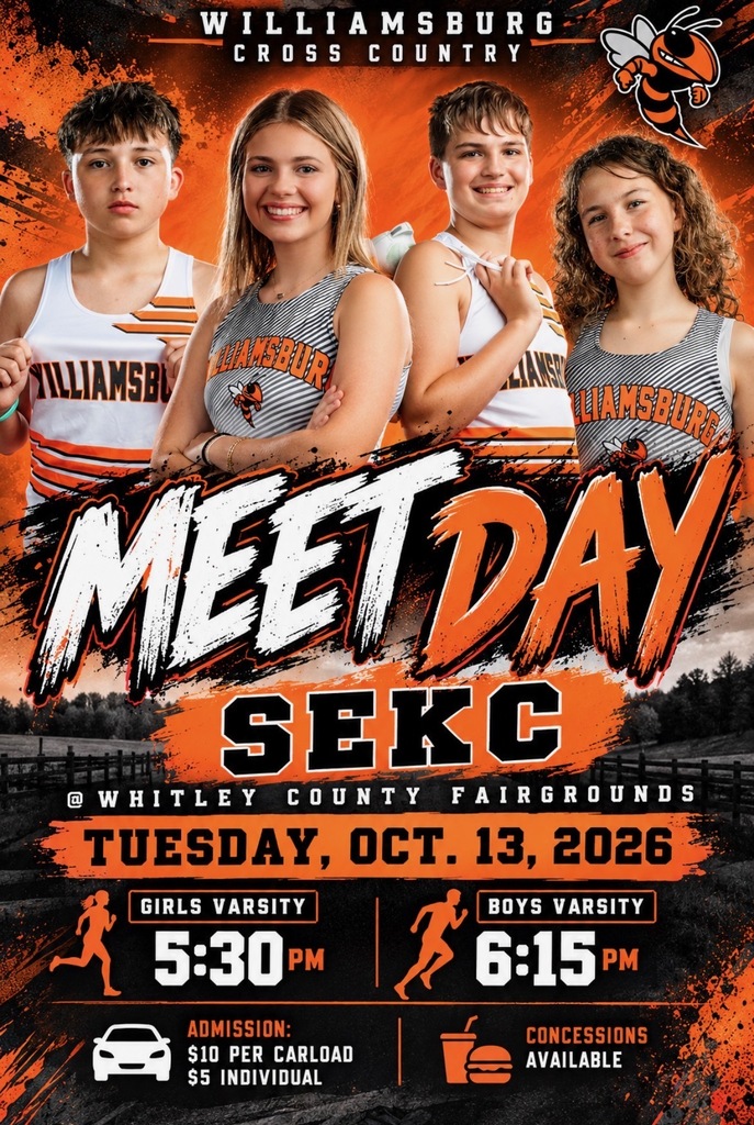 Event flyer for Williamsburg Cross Country Meet Day at Whitley County Fairgrounds. Three teens in running gear, two girls and a boy. Dates and times for girls' and boys' races.
