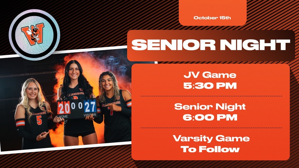 Four women in black uniforms hold a number board. Text: JV Game at 6:30 PM, Senior Night at 6:00 PM, and Varsity Game to follow.