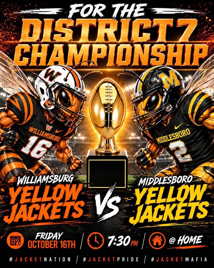 An advertisement for District 7 Championship features two yellow jackets players and a golden trophy between them.