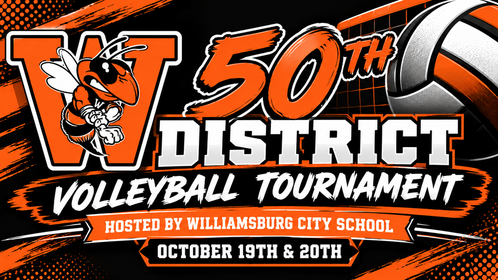 Black and red background with text reading "50th District Volleyball Tournament." A bee holds a volleyball, and a volleyball net is visible.