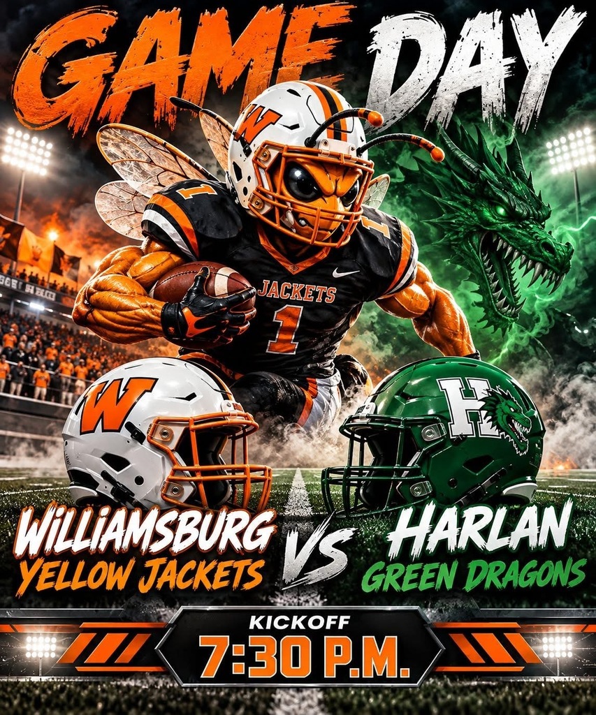 Game Day poster for Yellow Jackets versus Green Dragons. Football player in helmet and gloves holding ball. Dragon and bee.