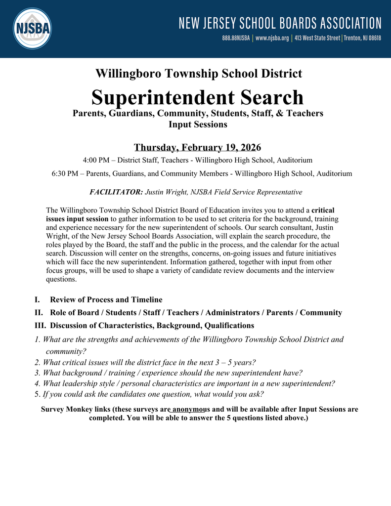 Superintendent Search Stakeholder Input Session – February 19 at 6:30 p.m.