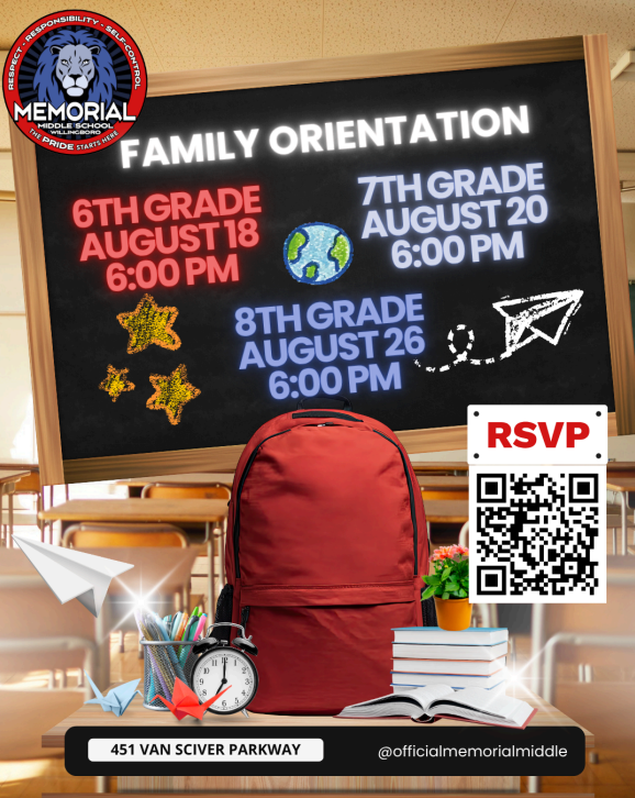 Memorial Middle School Family Orientation – August 18, 20 & 26