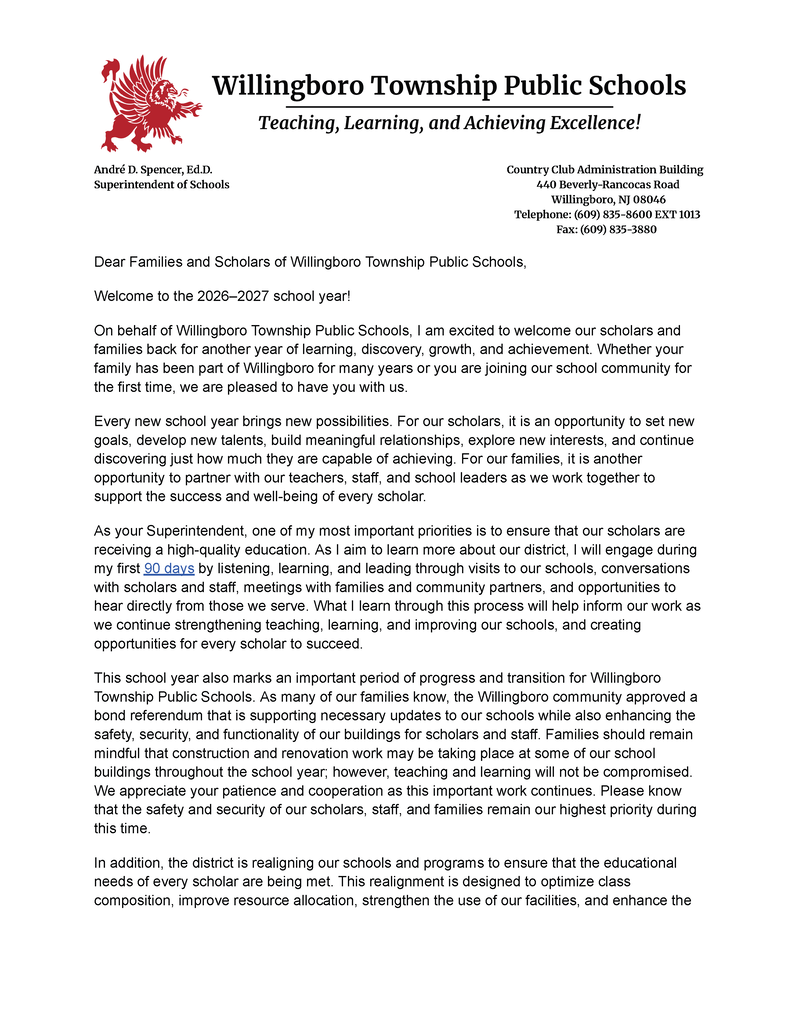 Welcome Back Letter for Scholars and Families - 2026-2027 School Year - Pg. 1