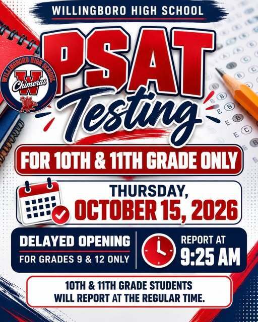 Important Reminder: PSAT Testing & Delayed Opening – Thursday, October 15, 2026