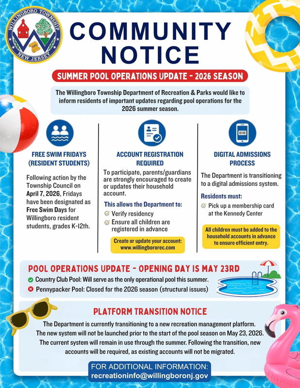 Willingboro Twp. | Community Notice: Summer Pool Operations Update – 2026 Season