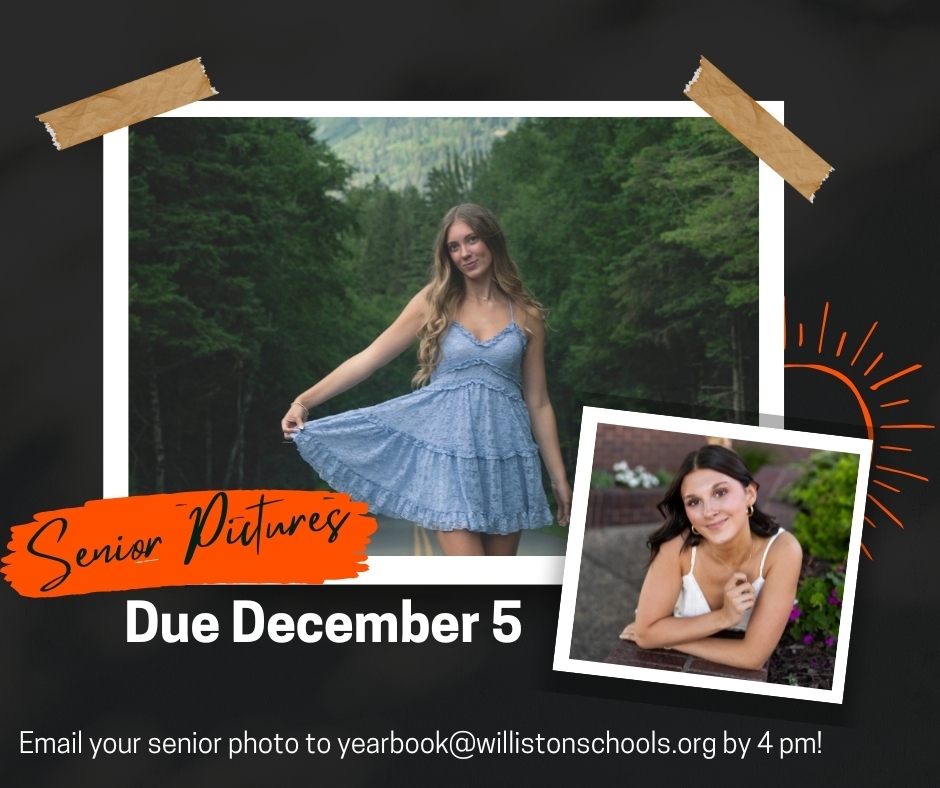 Senior photos for the yearbook are due TOMORROW at 4pm! NO PHOTOS WILL BE ACCEPTED LATE!