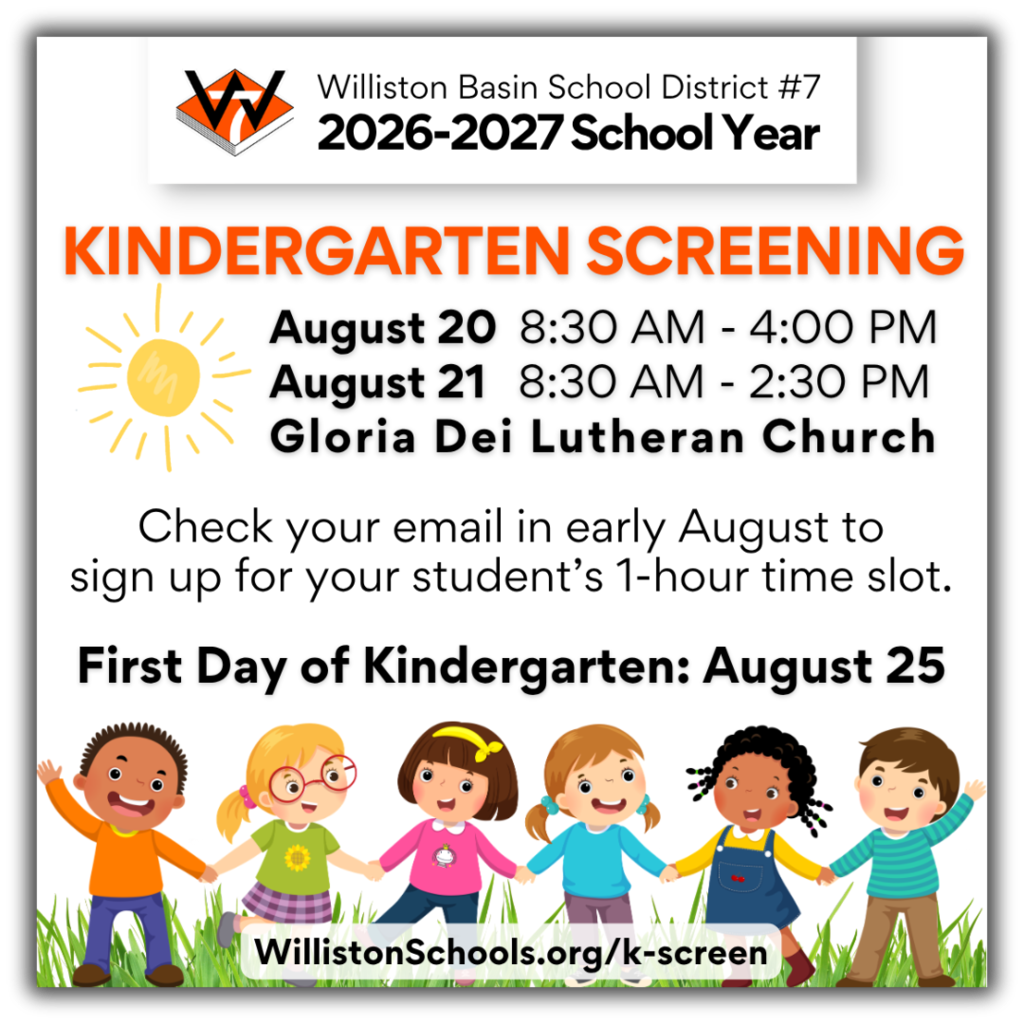 Graphic for Williston Basin School District #7 promoting the 2026–2027 Back to School Information Hub. The graphic features the district logo and the headline "Back to School Information Hub." Icons highlight available resources, including School Supply Lists, Bell Schedule, Sports Information, Open House Schedule, Busing Registration, and Kindergarten Screening. A calendar icon lists the first day of school as August 20 for grades 1–12 and August 25 for kindergarten. The website WillistonSchools.org/backtoschool appears at the bottom, alongside an orange backpack with the district logo. The design uses the district's orange, black, and white colors.