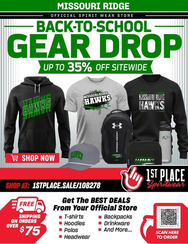 Back-to-School Spirit Wear! Missouri Ridge Hawks gear is now available! Get up to 35% off sitewide on T-shirts, hoodies, polos, hats, backpacks, drinkware, and more. 🚚 Free shipping on orders over $75
