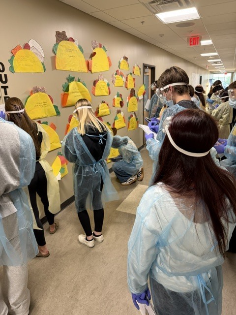 students dressed in PPE gear studying wall containing posters about food borne pathogens