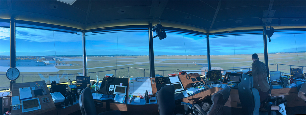 view from air traffic control tower overlooking runways
