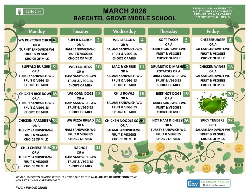 BGMS March Lunch Menu