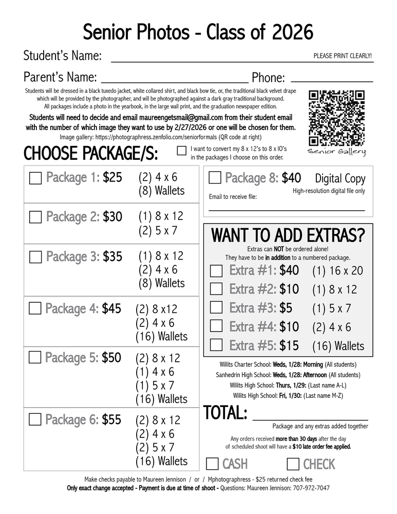 Senior Portraits for Sanhedrin/New Horizons will be in the afternoon on Wednesday, January 28th.