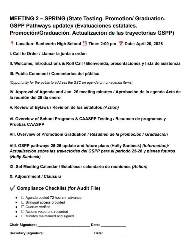 School Site Council Meeting April 20