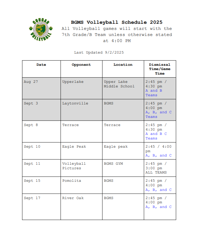 Volleyball  Schedule 