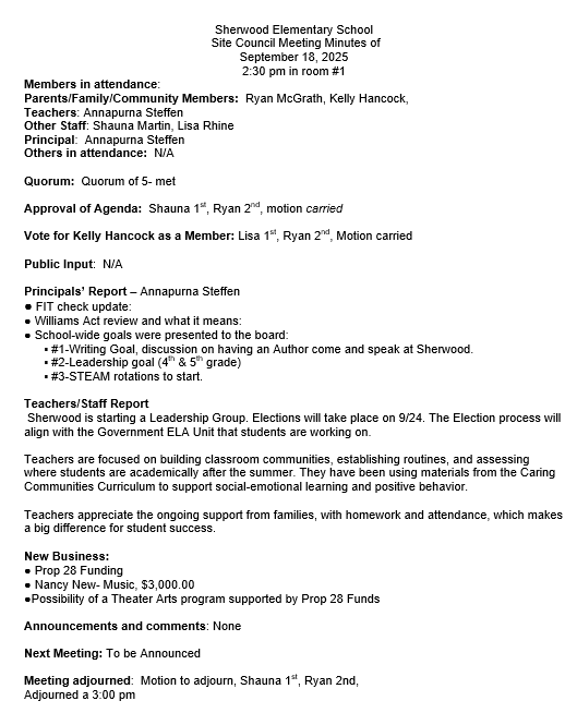 Site Council minutes from 9/18