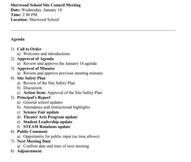 Site Council  Agenda for 1/14/26  Meeting