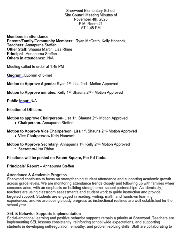 Site Council Minutes for, 11/4