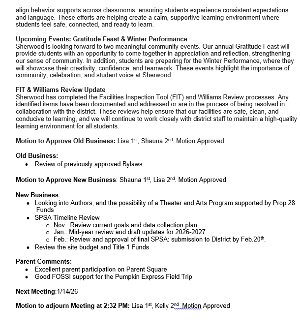 Site Council Minutes for, 11/4
